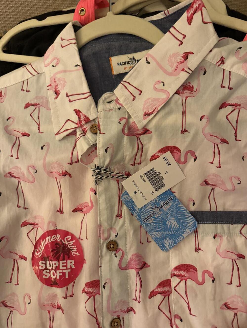 White Pacific Marlin Pink Flamingo Short Sleeve Button Down Shirt